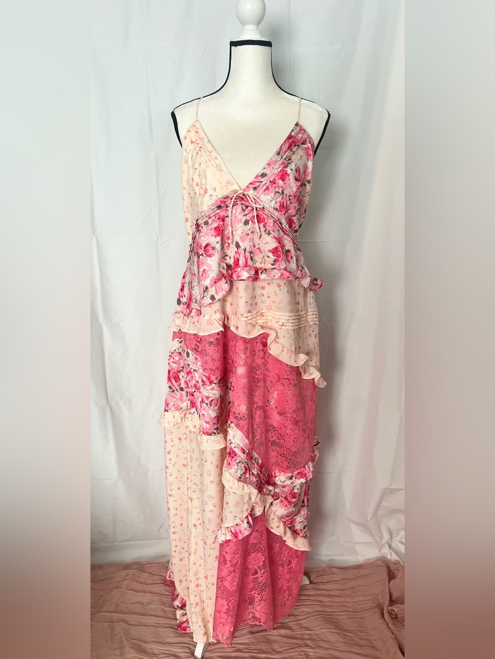 Rosalyn Maxi Dress For Love & Lemons Pink Lace Tiered